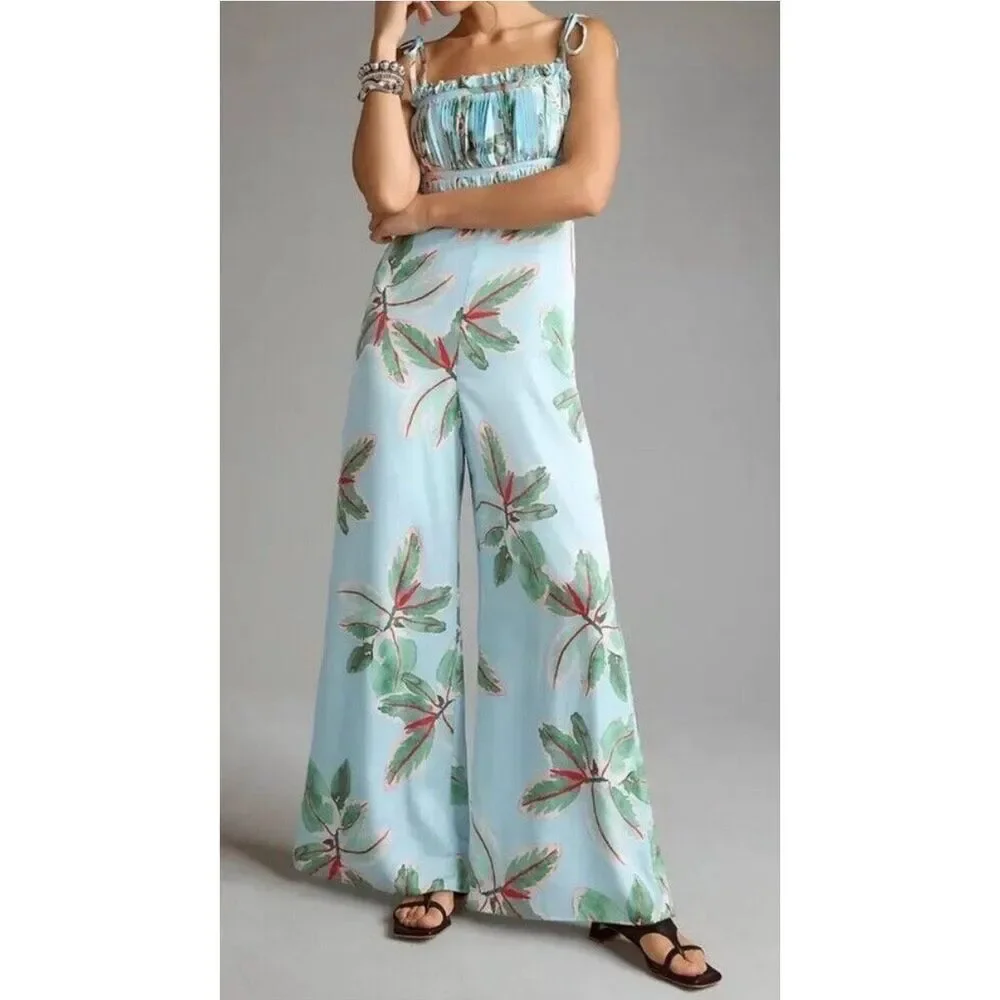 Anthropologie Hutch Ruched Satin Floral Wide Leg Jumpsuit Size 8